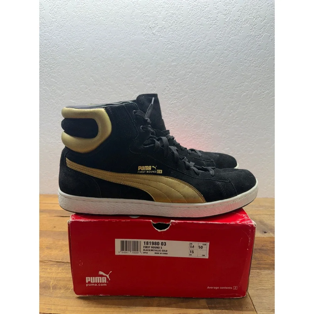 Puma First Round S Mens 15 Black Metallic Gold High Top Sneakers 181980 03